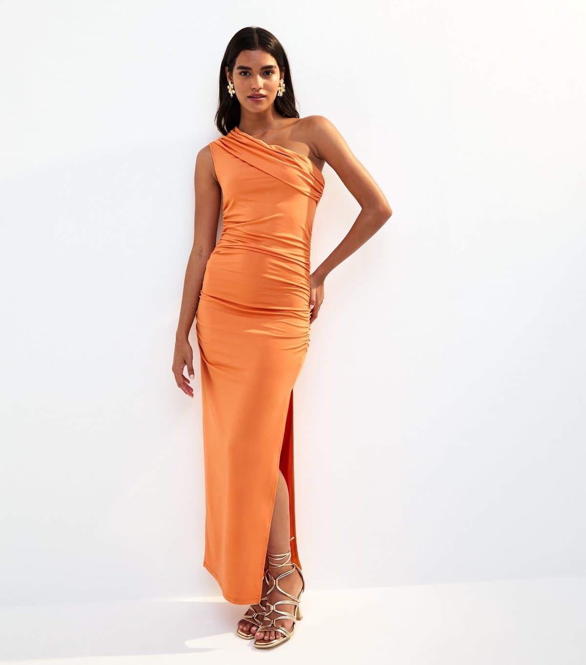 New Look Women's Orange Ruched One Shoulder Slit Hem Midi Dress New Look