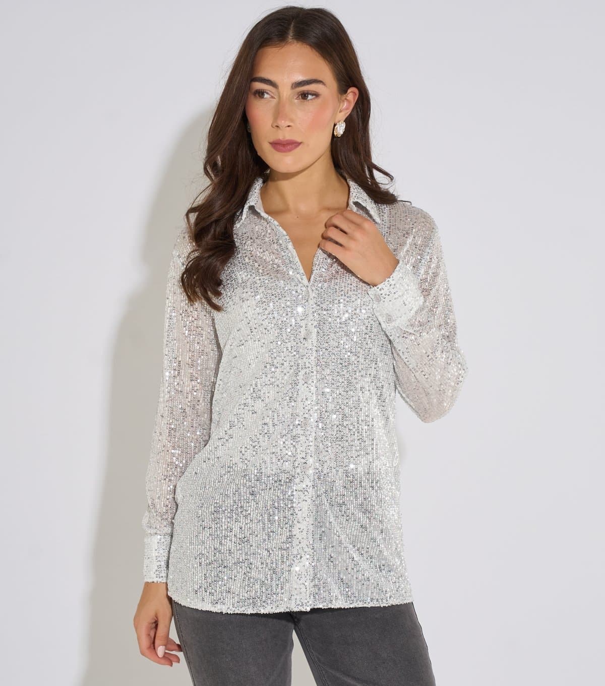 Gini London Women's Silver Semi Sheer Sequin Shirt Gini London New Look