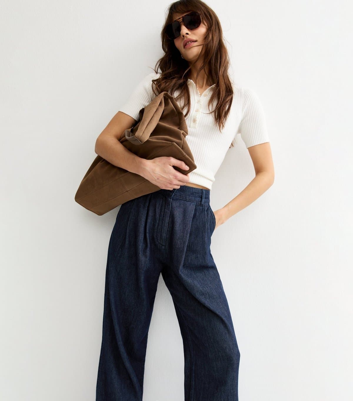 New Look New Look Tall Dark Blue Denim Pleated Wide Leg Trousers