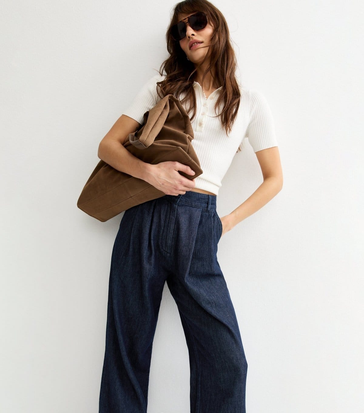 New Look Tall Dark Blue Denim Pleated Wide Leg Trousers
