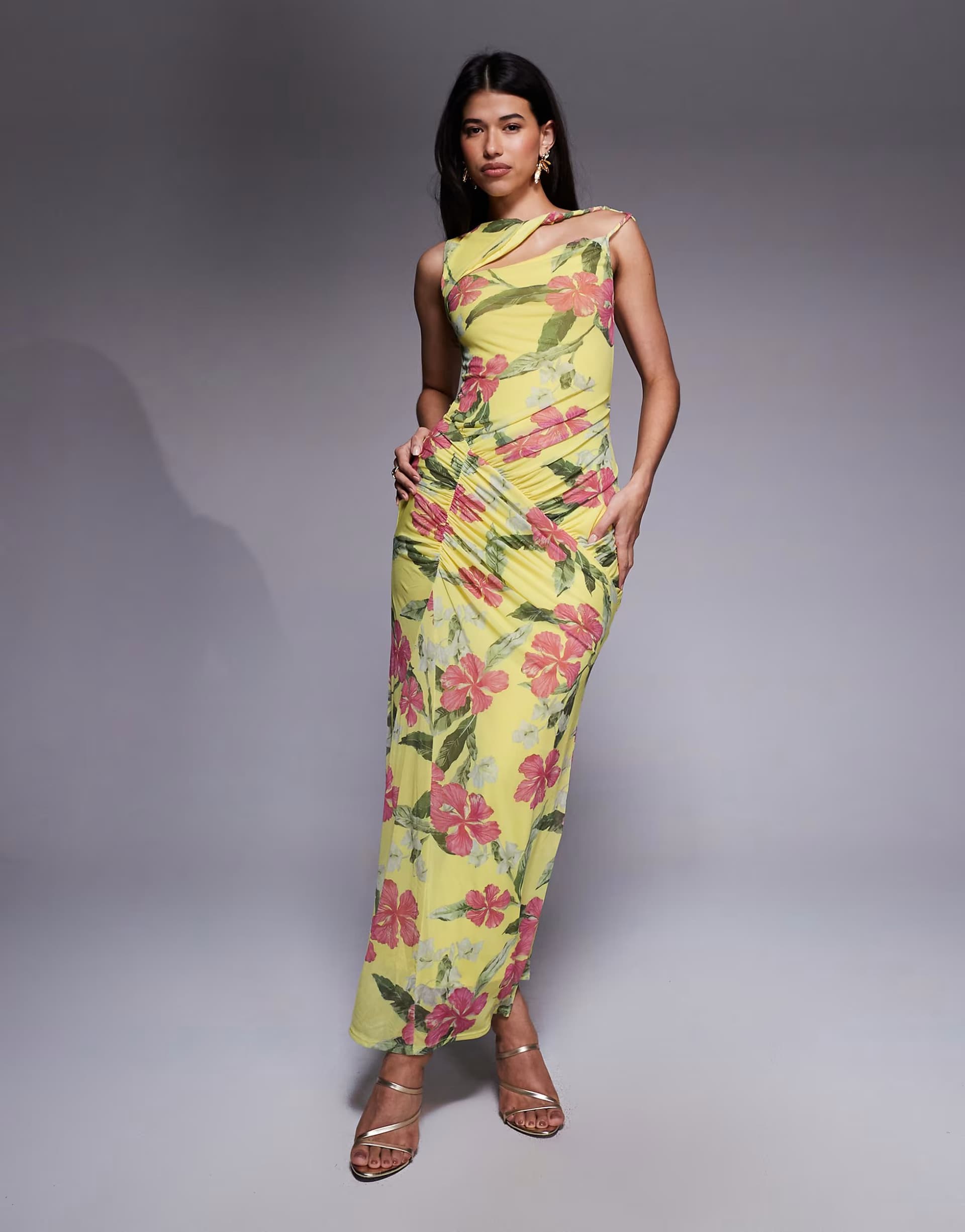 ASOS ASOS DESIGN asymmetric shoulder cut out maxi dress in yellow floral print