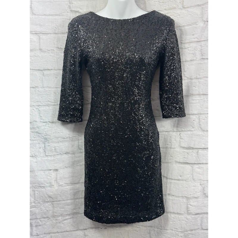 New Look New Look Sequin Bodycon Dress Size 8 Black Sequin Covered 3/4 Sleeve Sparkly