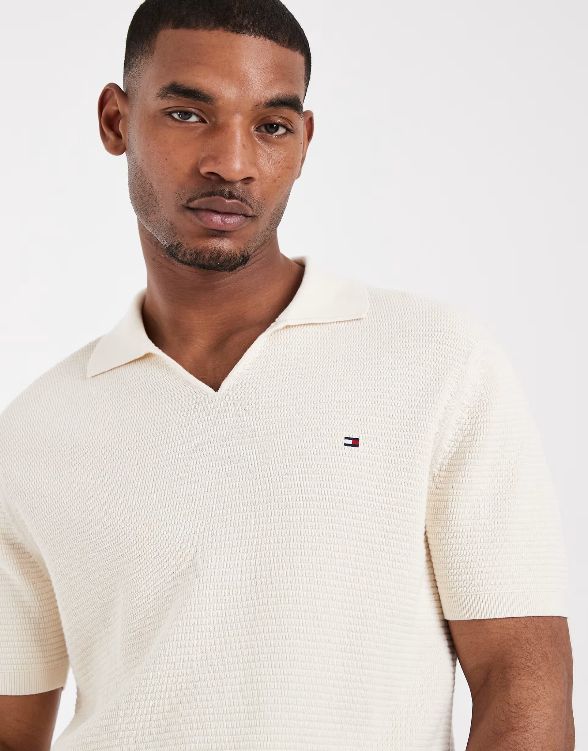 ASOS Tommy Hilfiger textured v-neck collared sweater top in white