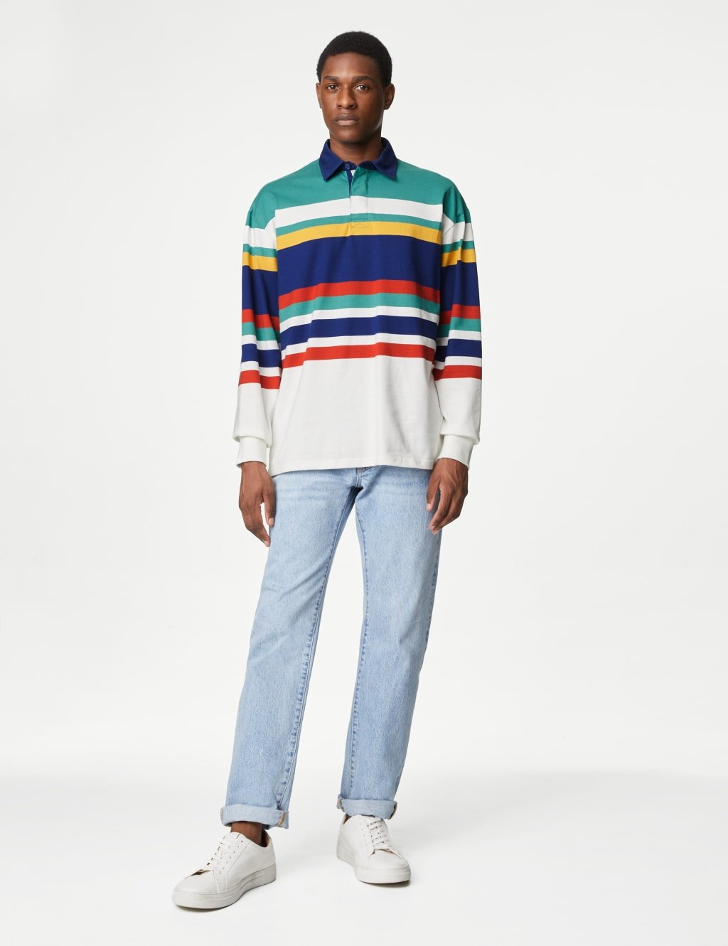 Marks & Spencer M&S Pure Cotton Colour Block Rugby Shirt Green Mix - 2