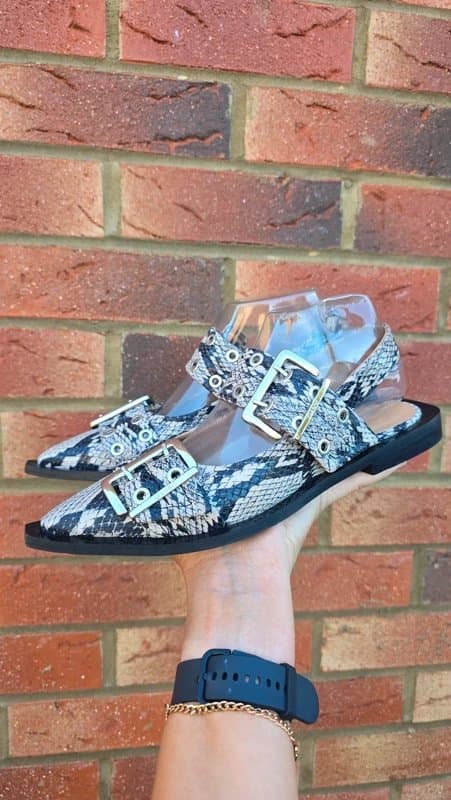 Ganni GANNI Snake Print Buckle Slingback Mary Jane Flats Pointed Toe EU37 UK4