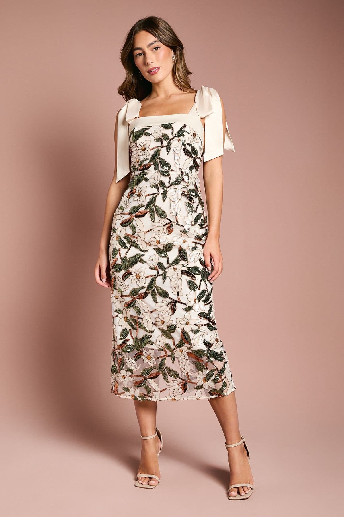 Coast Coast Women's Satin Trim Floral Sequin Column Midi Dress in Nude