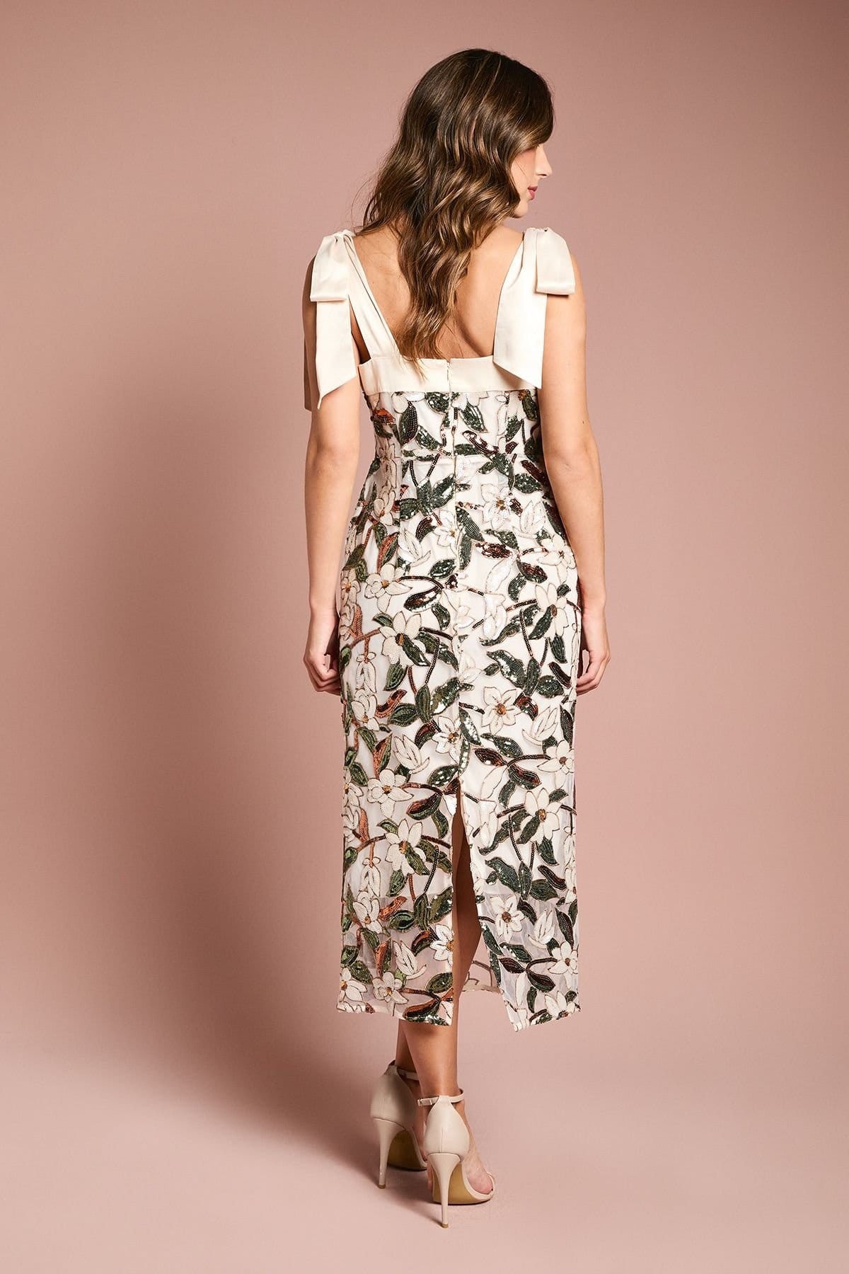 Coast Coast Women's Satin Trim Floral Sequin Column Midi Dress in Nude - 4