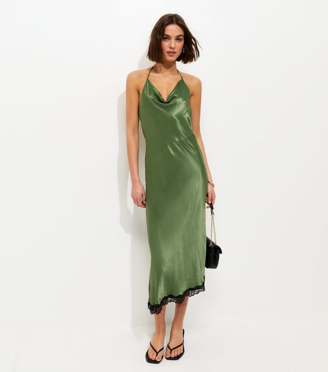 New Look Women's Dark Khaki Halterneck Lace Trim Asymmetric Midi Dress New Look - 3