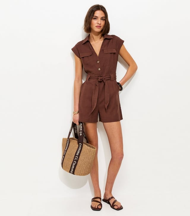New Look Women's Dark Brown Utility Short Sleeve Playsuit New Look - 2
