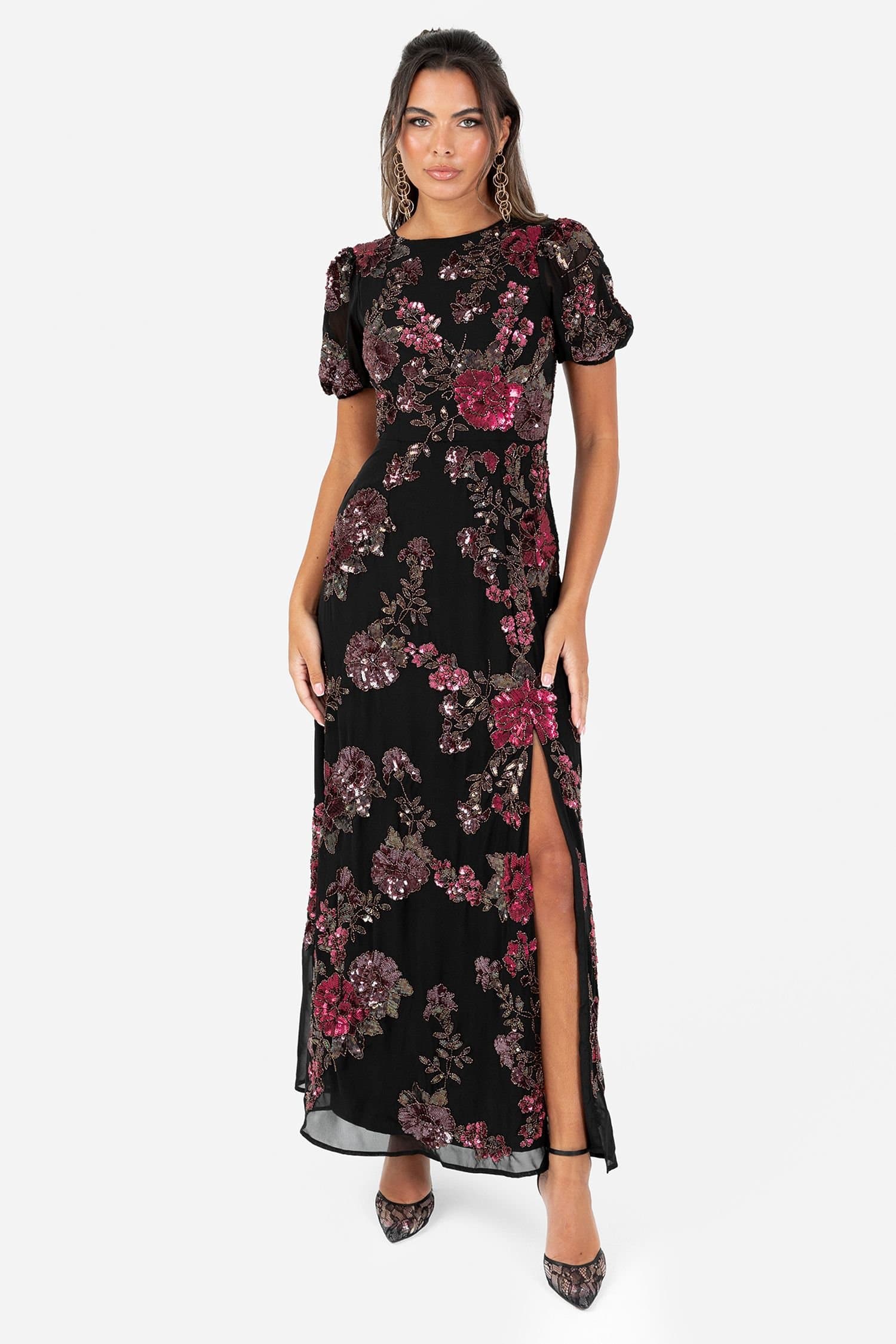 Maya Deluxe Maya Deluxe Women's Floral Embellished Short Sleeve Open Back Maxi Dress in Black