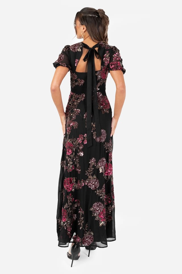 Maya Deluxe Maya Deluxe Women's Floral Embellished Short Sleeve Open Back Maxi Dress in Black - 2
