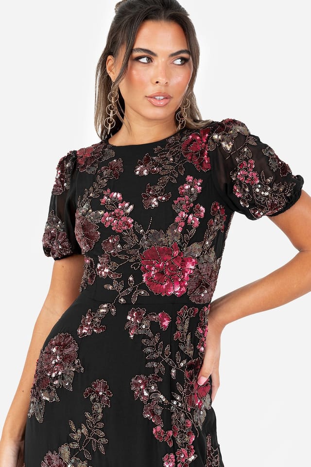 Maya Deluxe Maya Deluxe Women's Floral Embellished Short Sleeve Open Back Maxi Dress in Black - 3