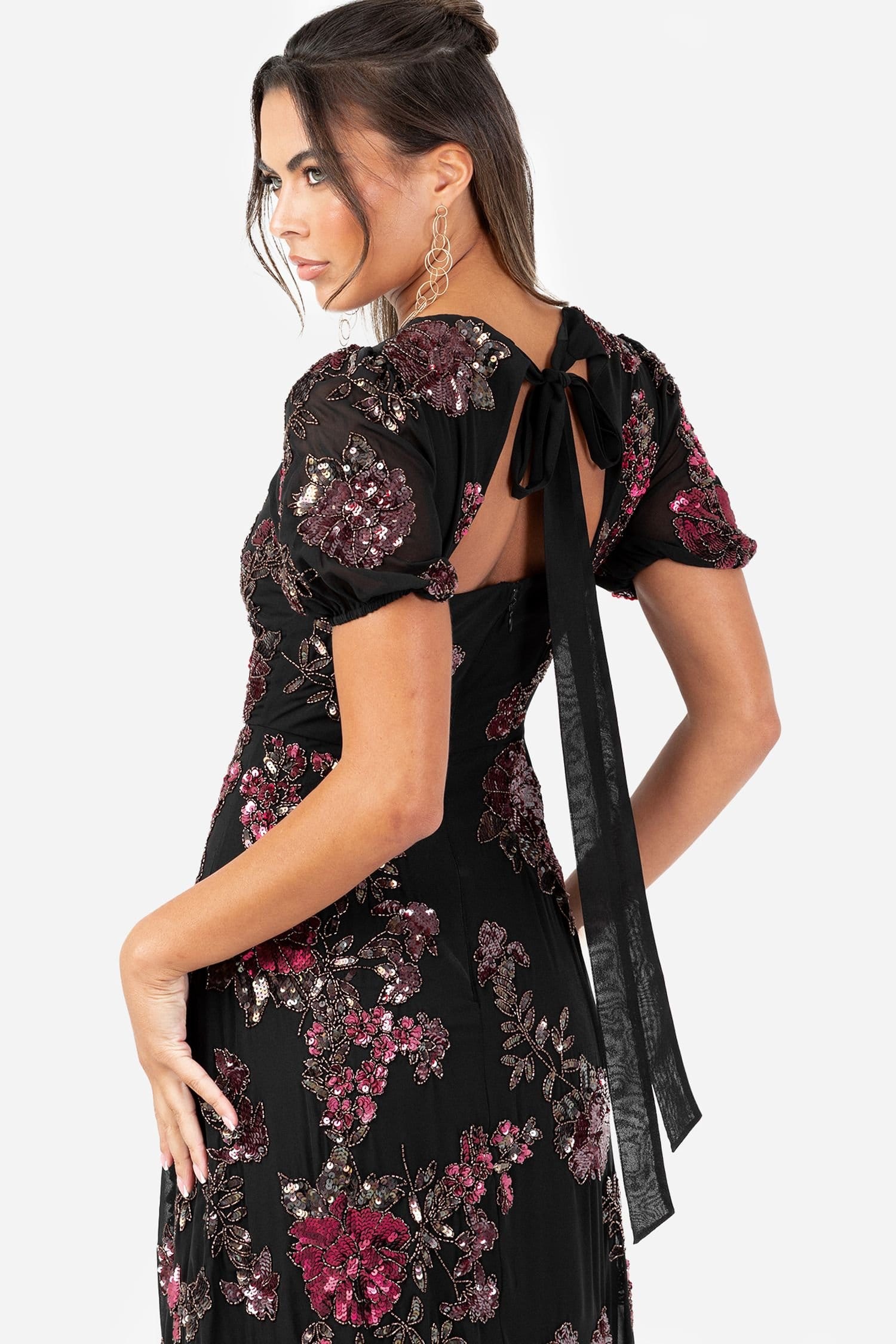 Maya Deluxe Maya Deluxe Women's Floral Embellished Short Sleeve Open Back Maxi Dress in Black - 4