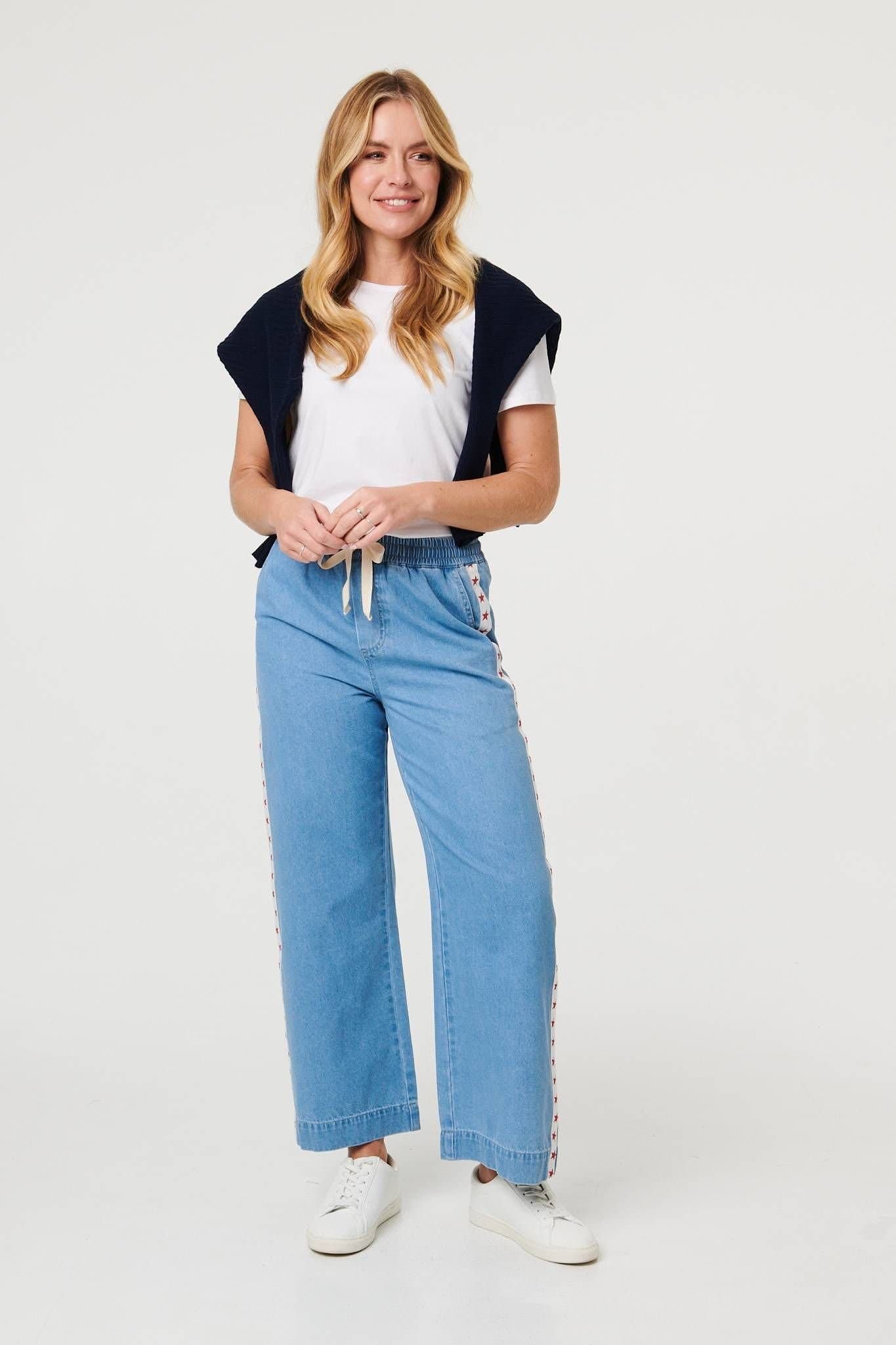 Izabel London Izabel London Women's Star Print Trim Drawstring Wide Jeans in Blue