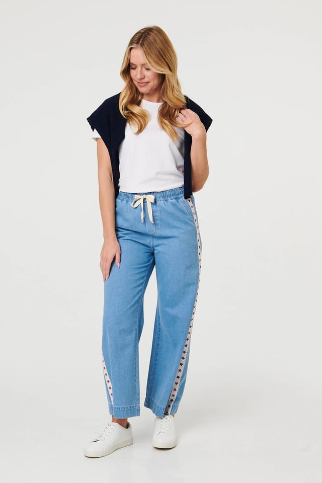 Izabel London Izabel London Women's Star Print Trim Drawstring Wide Jeans in Blue - 2