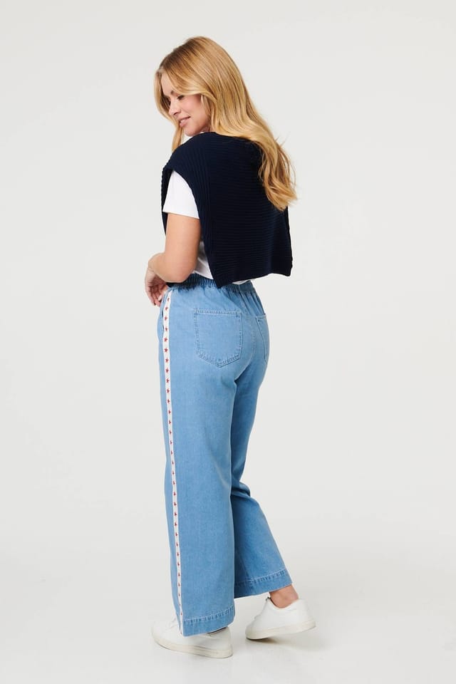 Izabel London Izabel London Women's Star Print Trim Drawstring Wide Jeans in Blue - 3