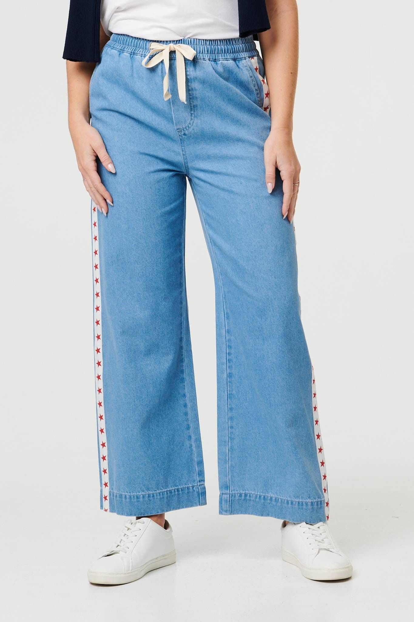 Izabel London Izabel London Women's Star Print Trim Drawstring Wide Jeans in Blue - 4