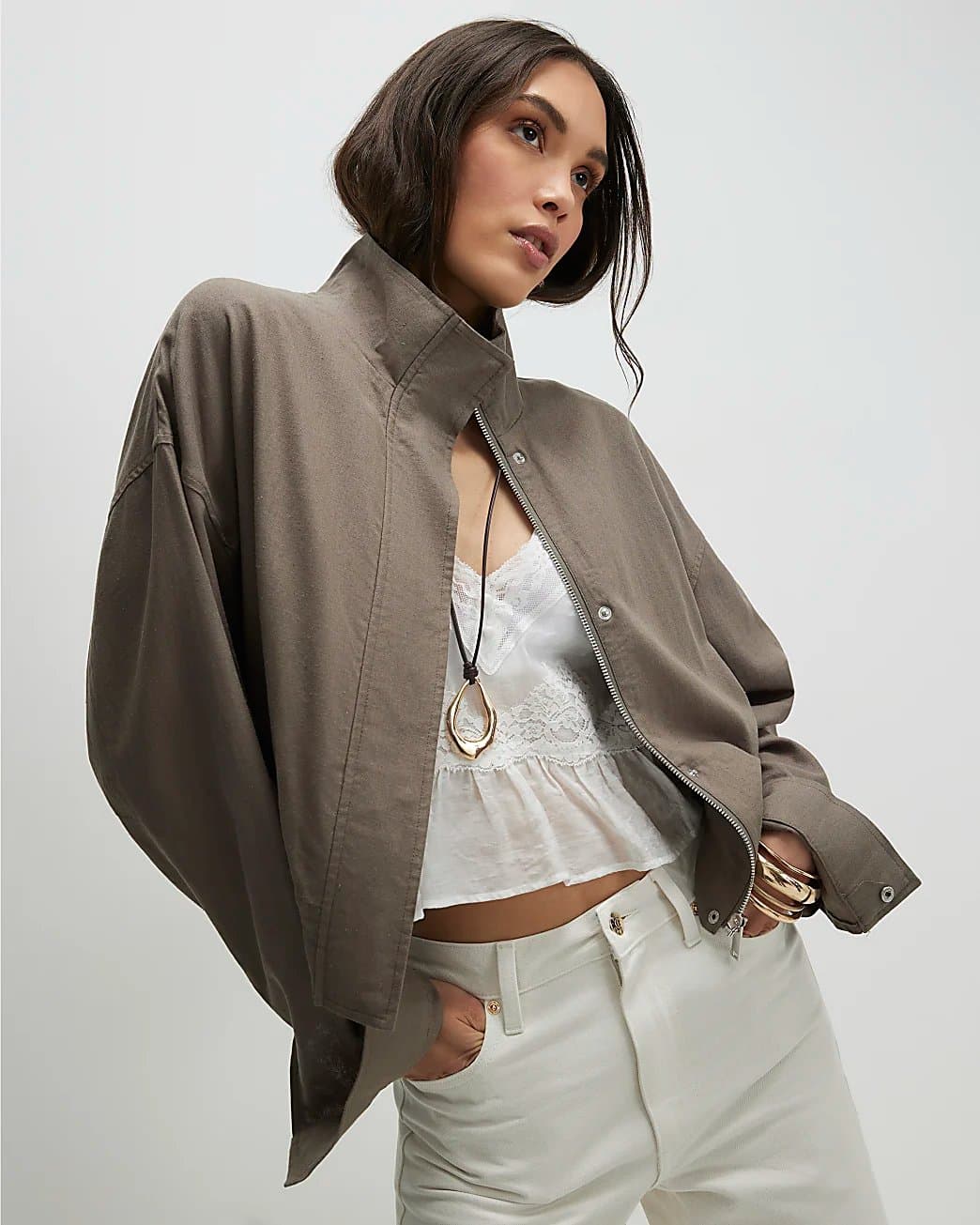 River Island River Island Womens Khaki Linen Blend Funnel Neck Jacket