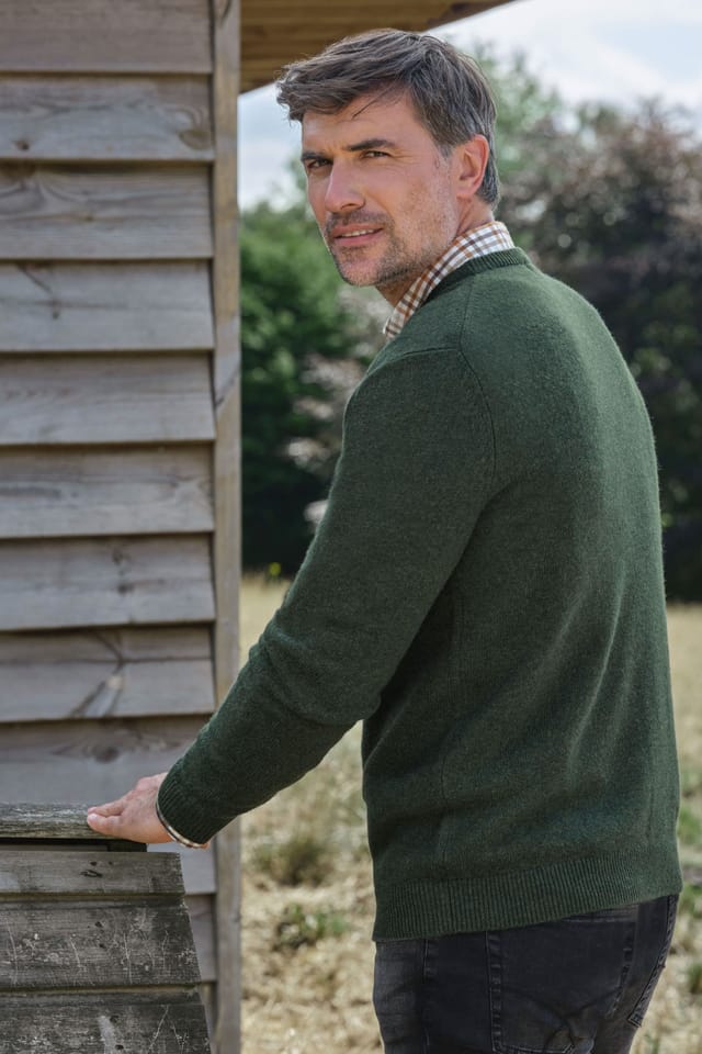 WoolOvers WoolOvers Men's Lambswool Classic Crew Jumper in Dark Olive - 3