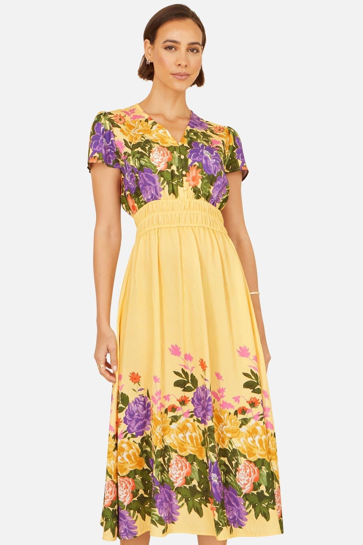 Yumi Yumi Women's Floral Mirror Print Viscose Midi Dress in Bright Yellow