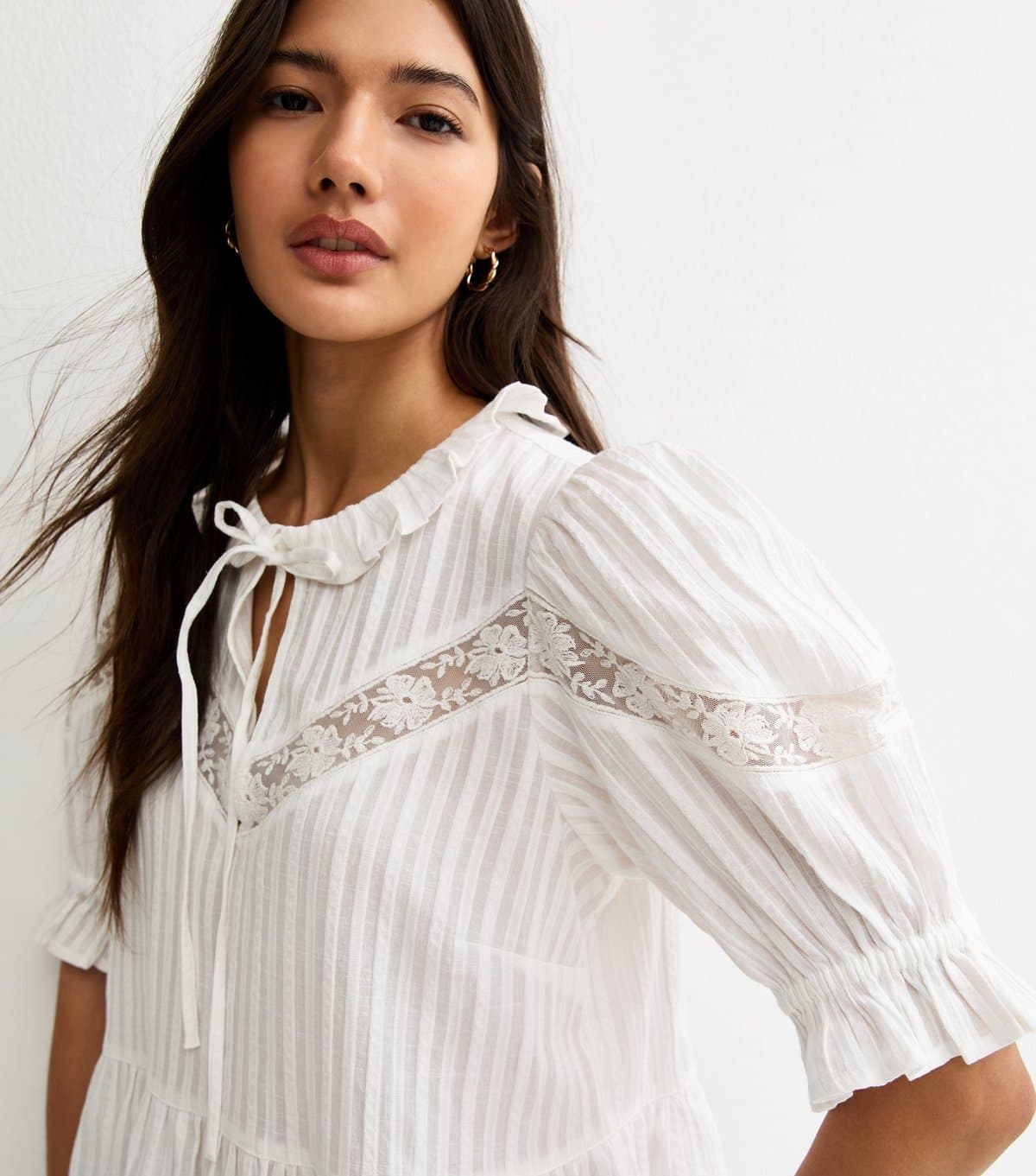 New Look Women's White Striped Ruffle Tie Neck Blouse New Look