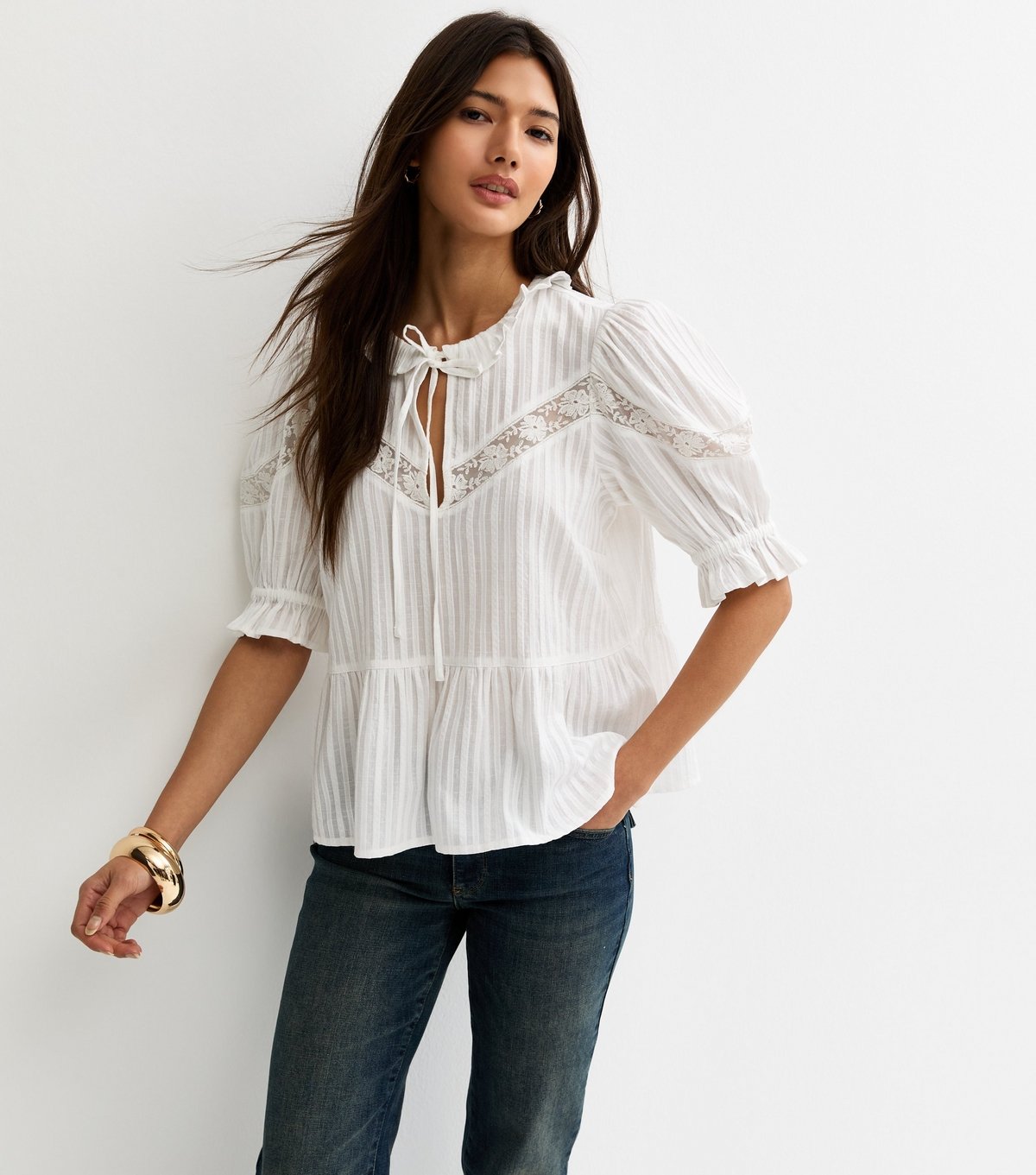New Look Women's White Striped Ruffle Tie Neck Blouse New Look - 2