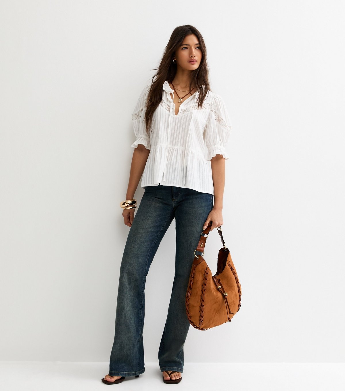 New Look Women's White Striped Ruffle Tie Neck Blouse New Look - 3