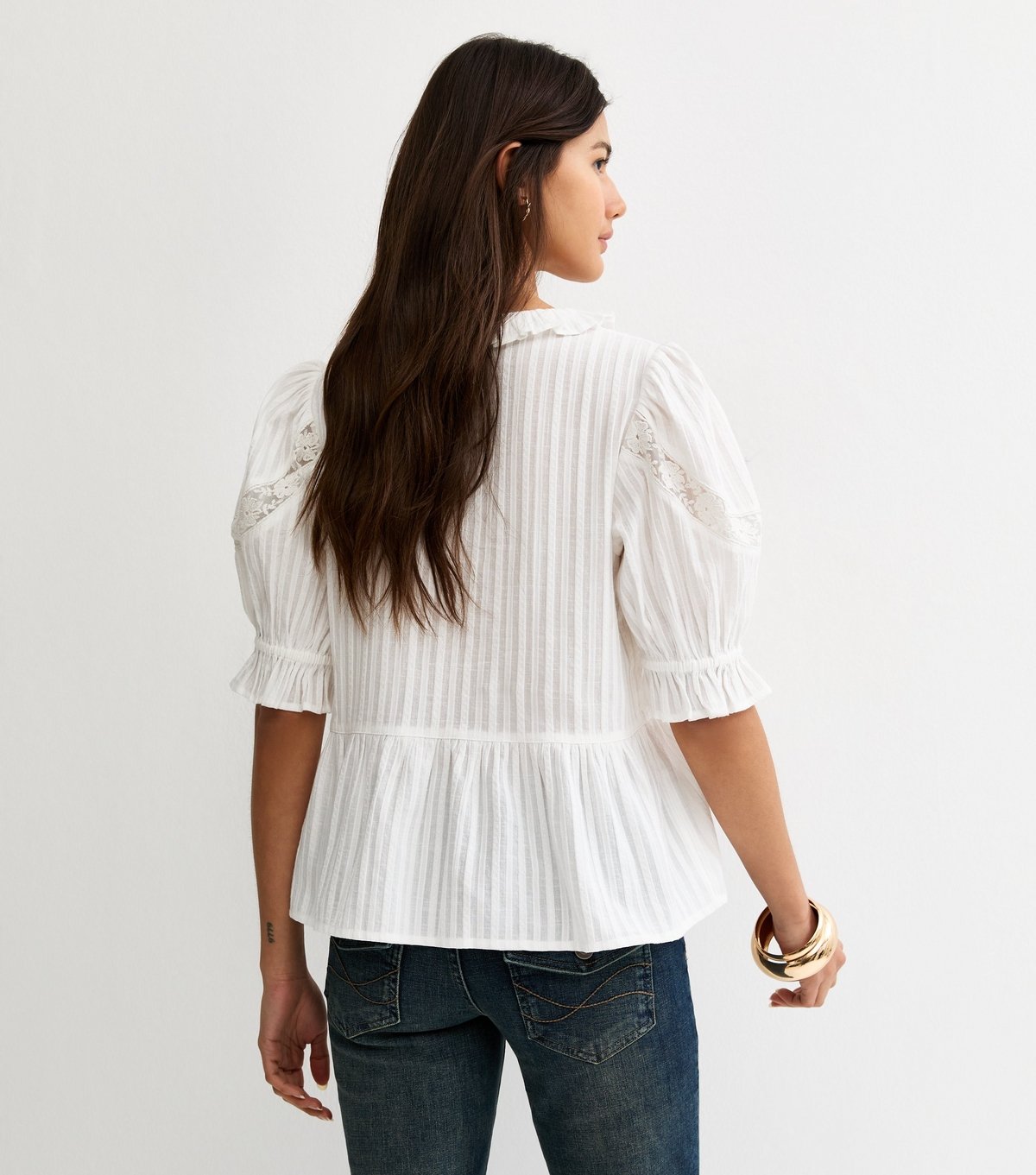 New Look Women's White Striped Ruffle Tie Neck Blouse New Look - 4