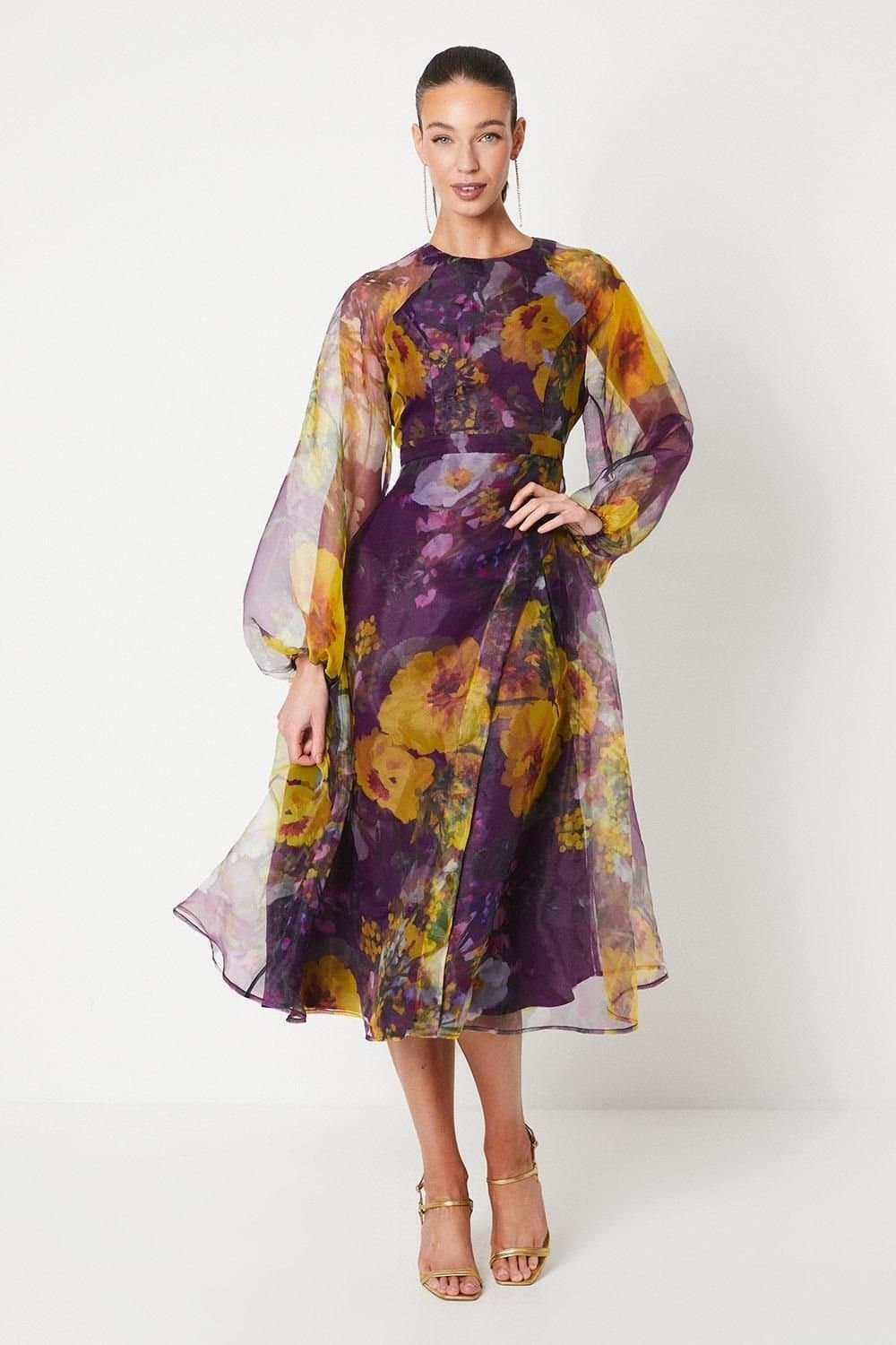 Coast Coast Women's Organza Wrap Waist Puff Sleeve Midi Dress in Purple
