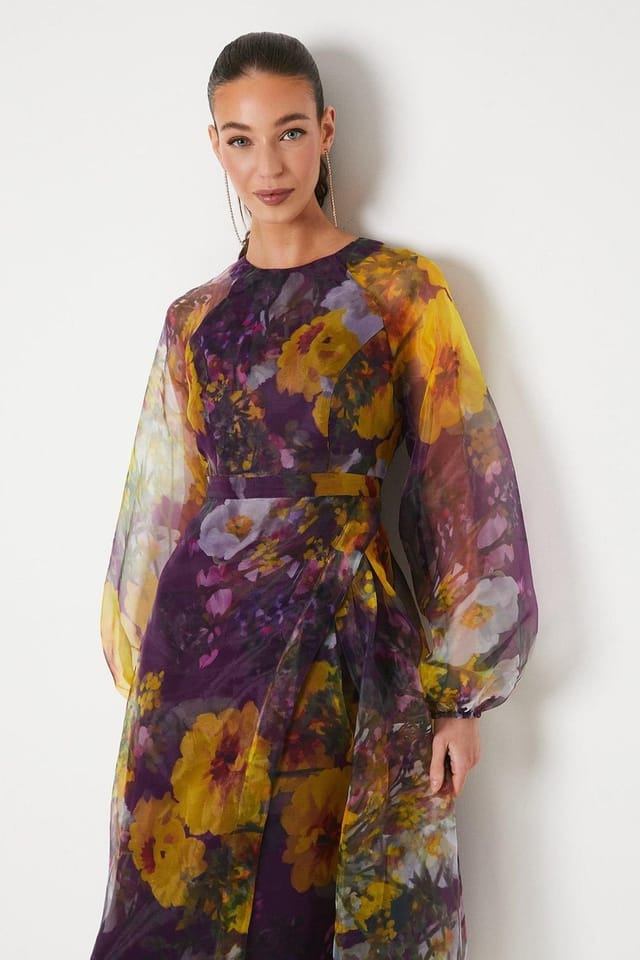 Coast Coast Women's Organza Wrap Waist Puff Sleeve Midi Dress in Purple - 2