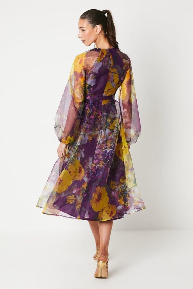 Coast Coast Women's Organza Wrap Waist Puff Sleeve Midi Dress in Purple - 3