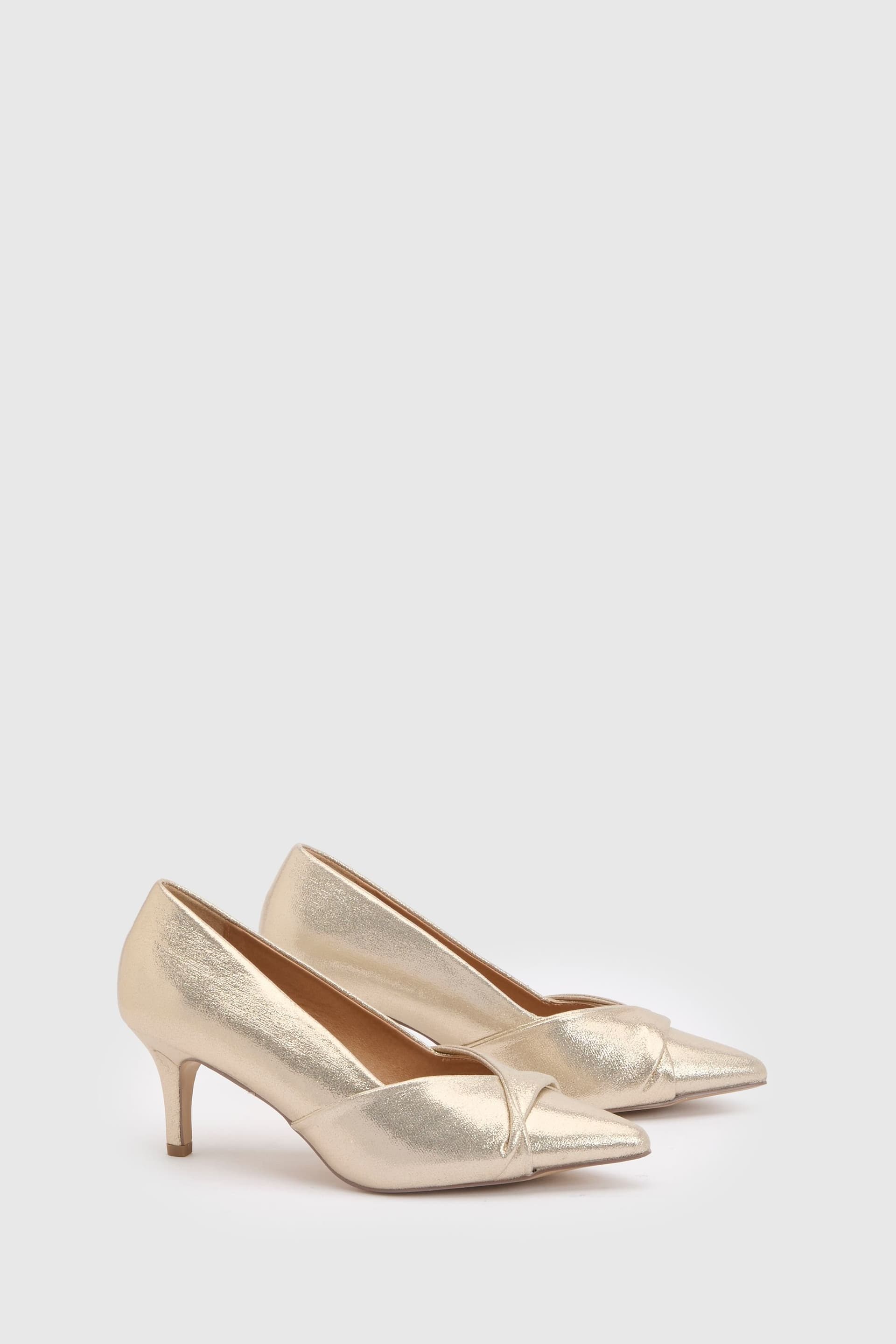Wallis Wallis Women's Wide Fit Delina Metallic Textile Twist Front Kitten Heel Comfort Sock Court Shoes in Gold
