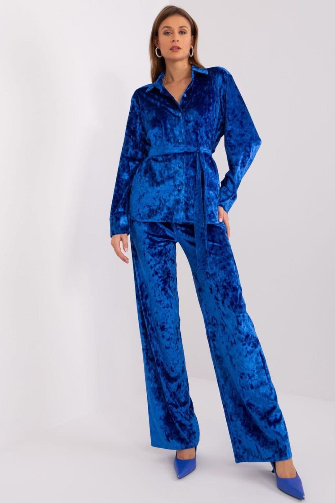 Love Lace Love Lace Women's Velour Button Front Top Wide Leg Pants Set in Blue