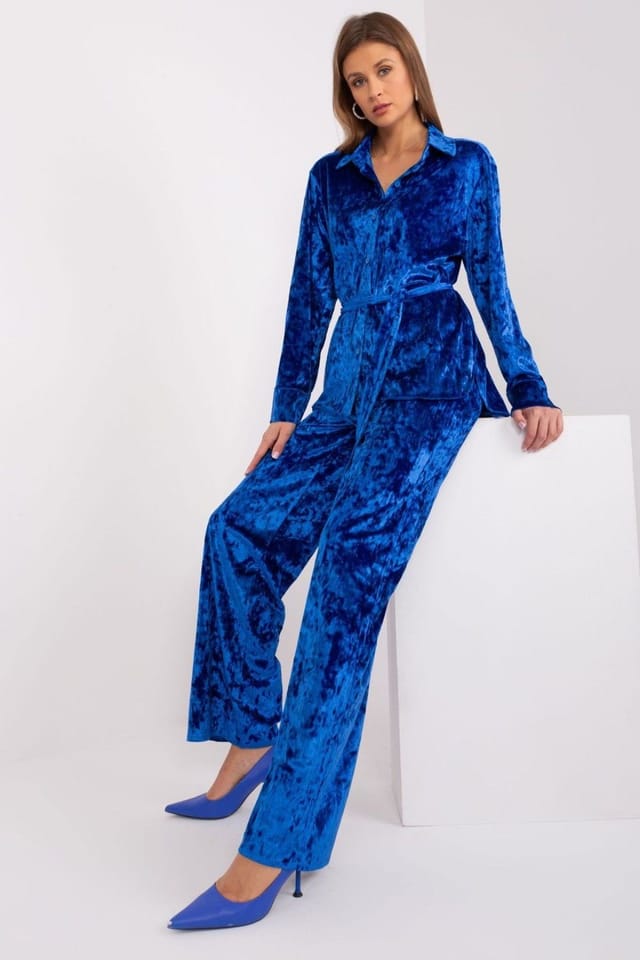 Love Lace Love Lace Women's Velour Button Front Top Wide Leg Pants Set in Blue - 2