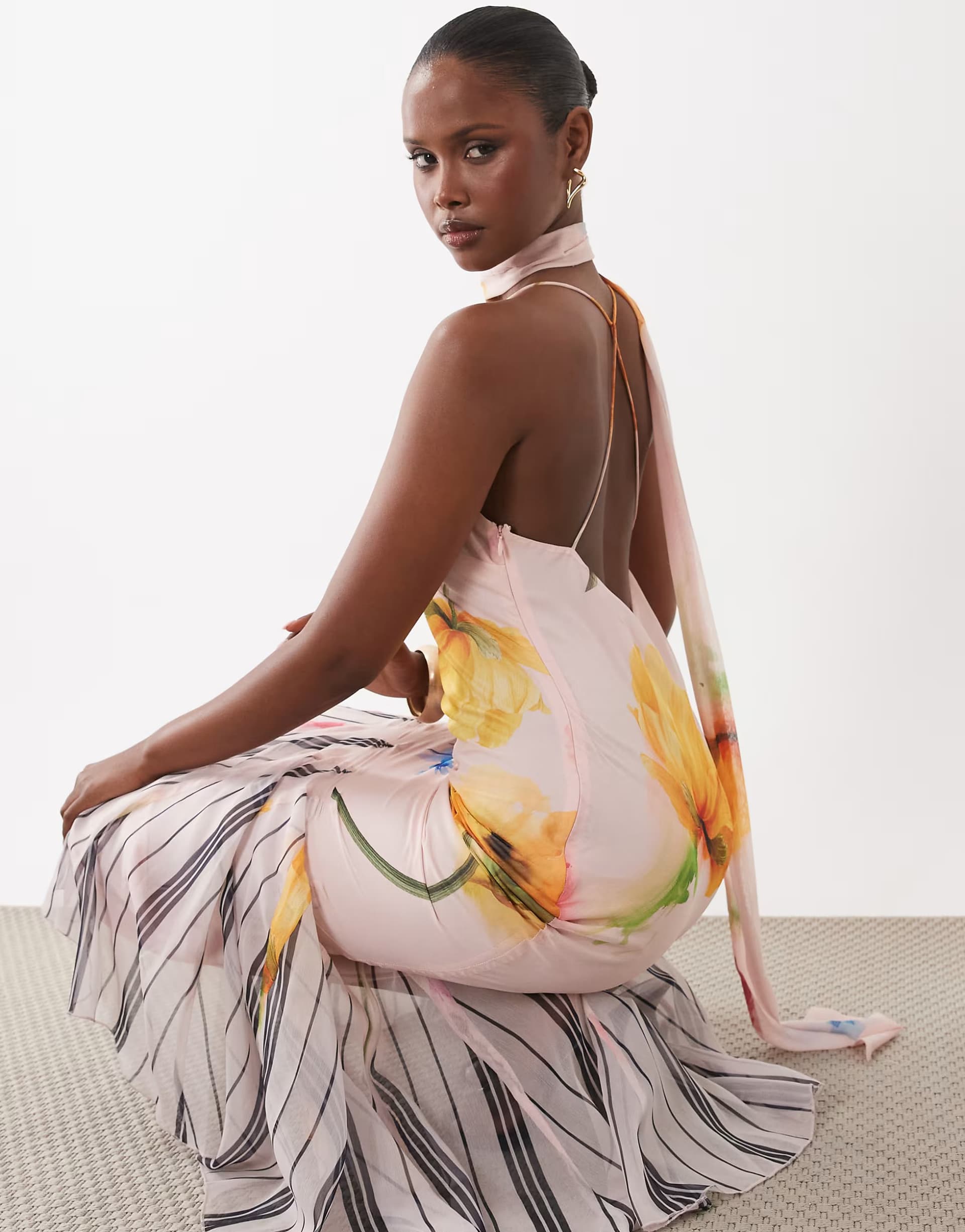 ASOS ASOS DESIGN chiffon scarf maxi dress with godet hem in mixed floral stripe print