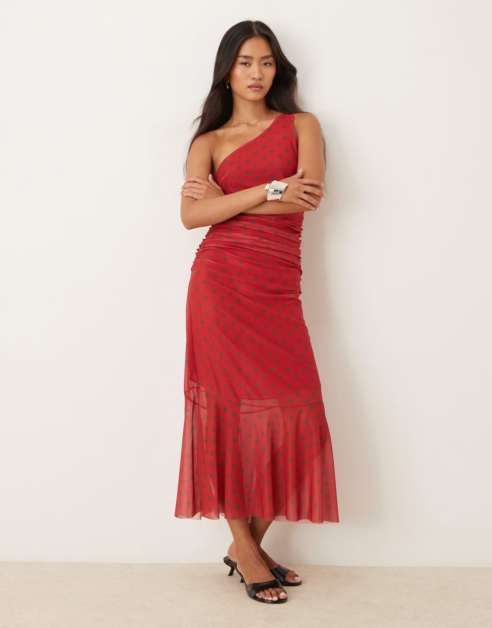 ASOS House of Sunny assymetric ruffle polka dot midi dress in red