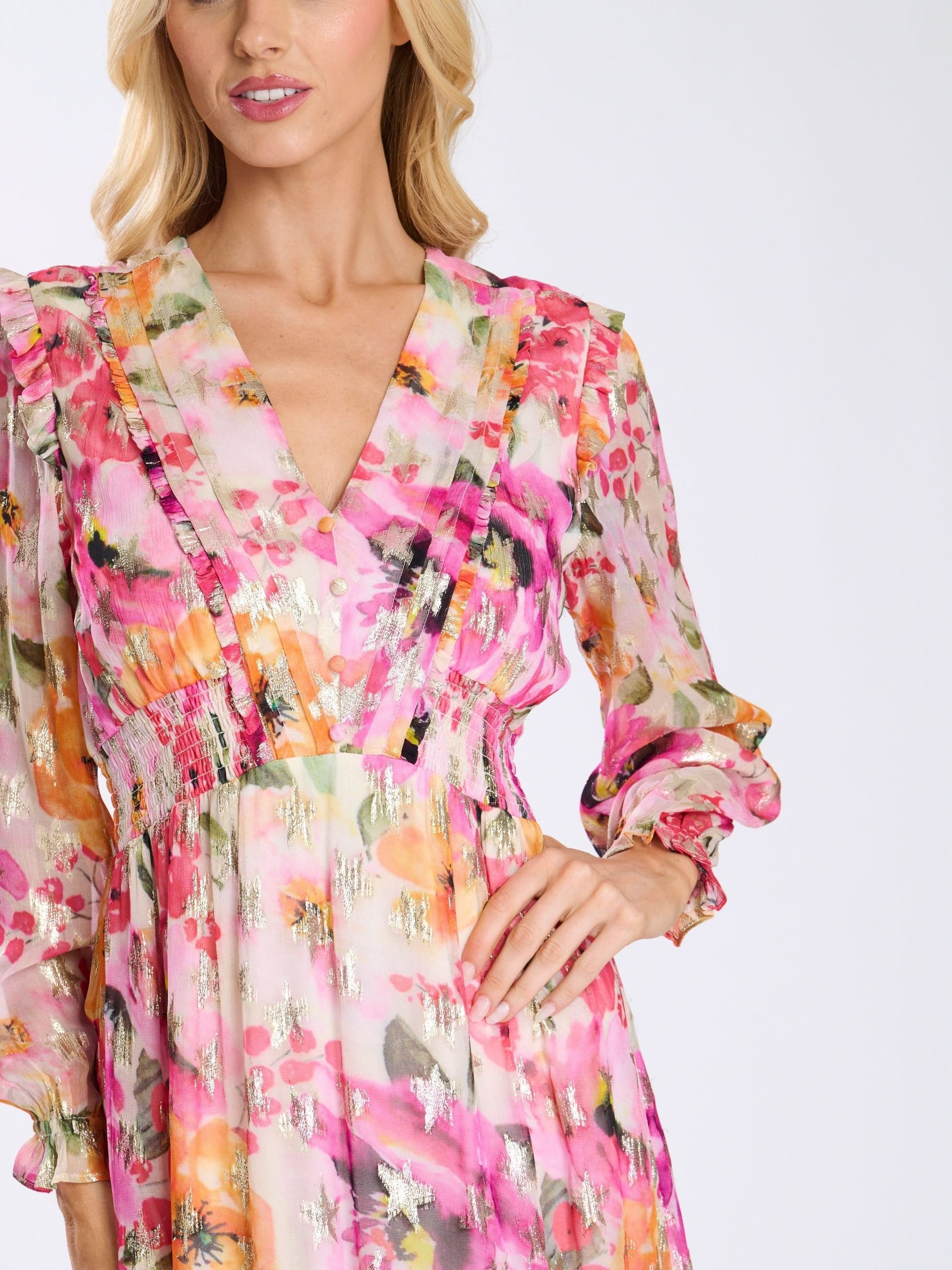 Finding Friday Finding Friday Women's Metallic Printed Long Sleeve Floaty Midi Dress - 4