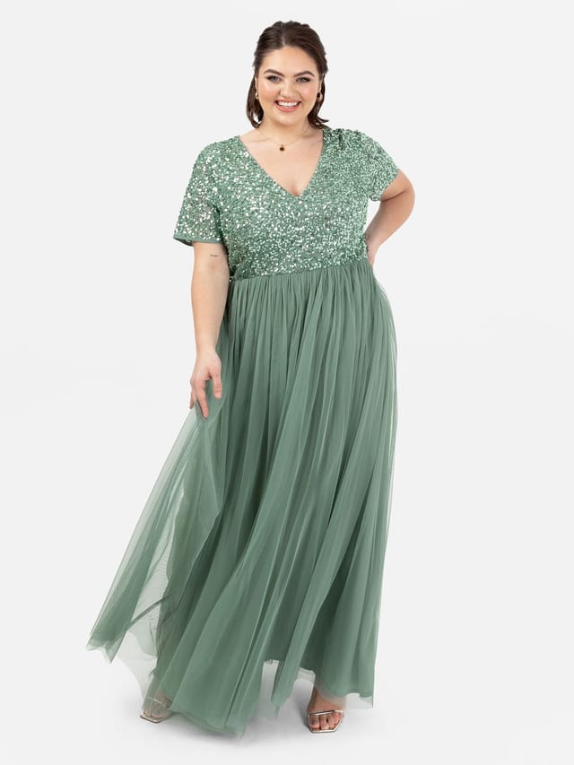Maya Deluxe Maya Deluxe Women's Short Sleeve V Neck Embellished Maxi Dress in Dark Green - 2