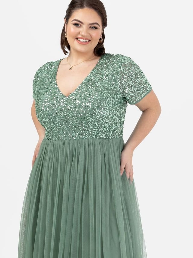 Maya Deluxe Maya Deluxe Women's Short Sleeve V Neck Embellished Maxi Dress in Dark Green - 3