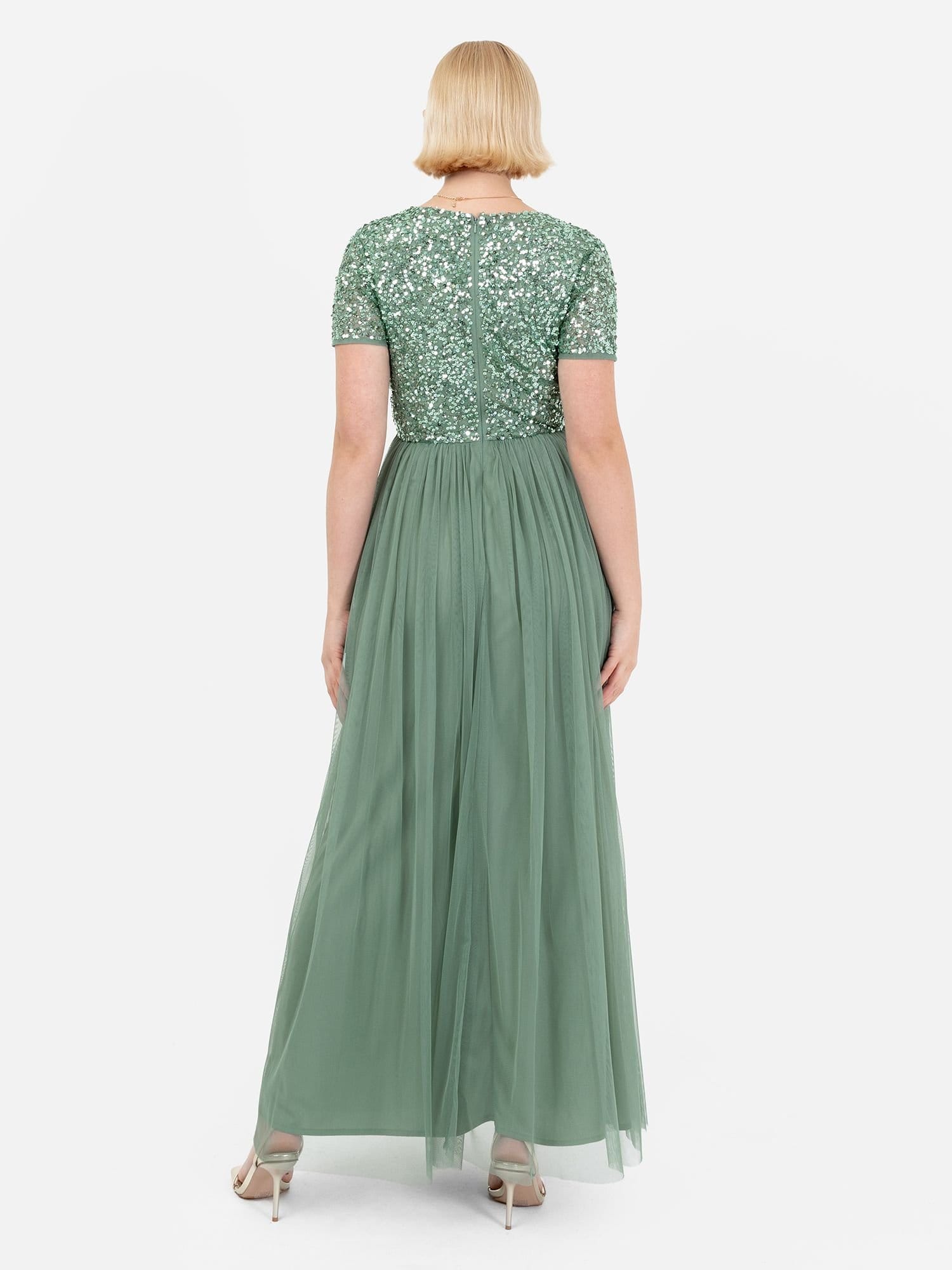Maya Deluxe Maya Deluxe Women's Short Sleeve V Neck Embellished Maxi Dress in Dark Green - 4