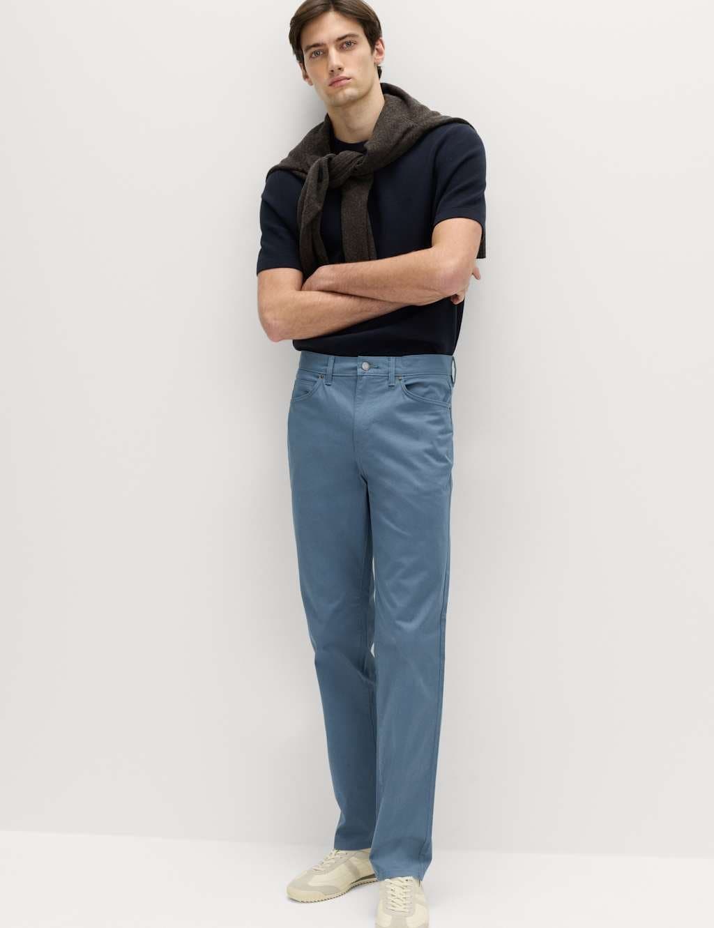 Marks & Spencer M&S Straight Fit Textured 5 Pocket Trousers Chambray