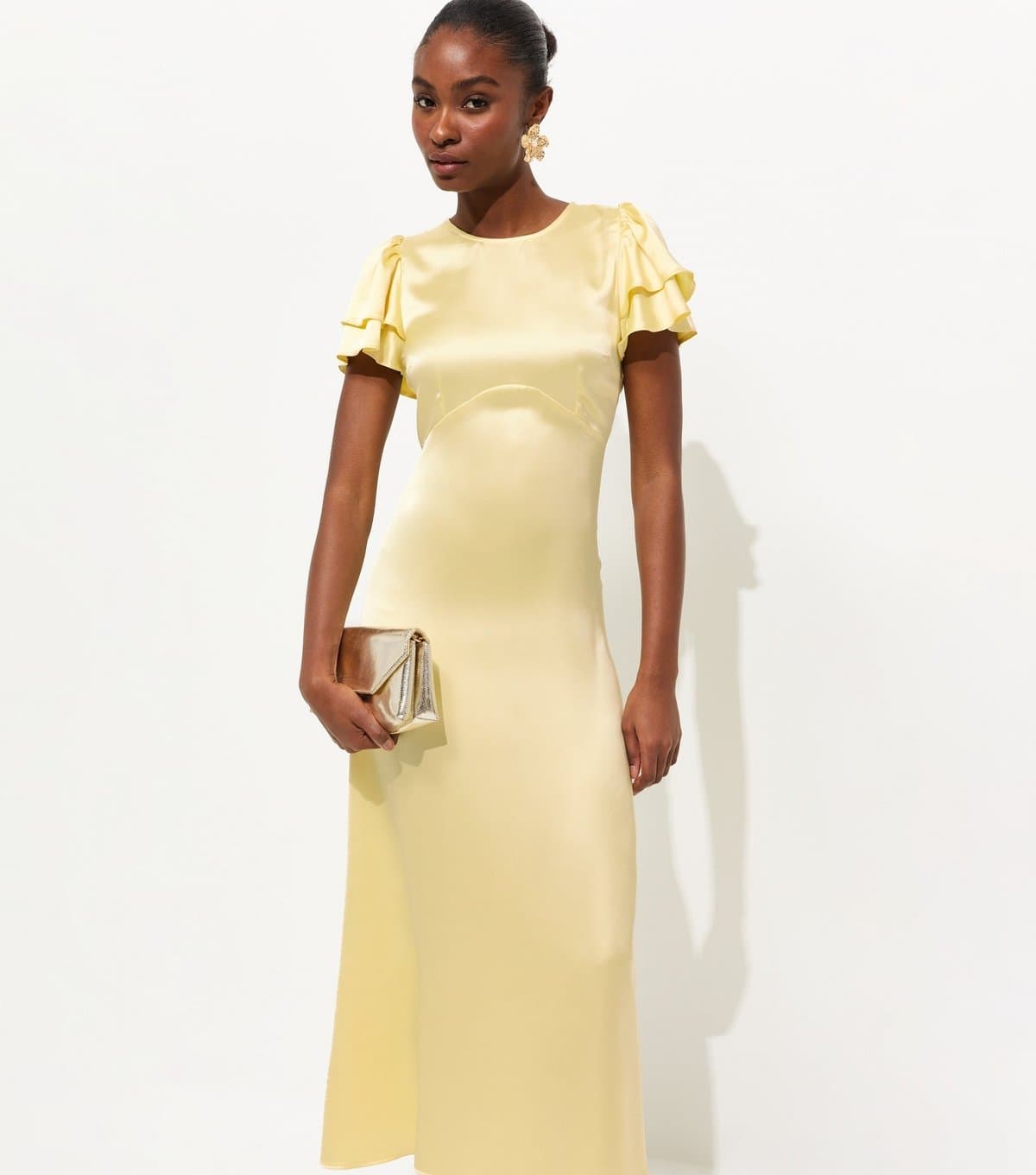 New Look Women's Light Yellow Satin Flutter Sleeve Midi Dress New Look