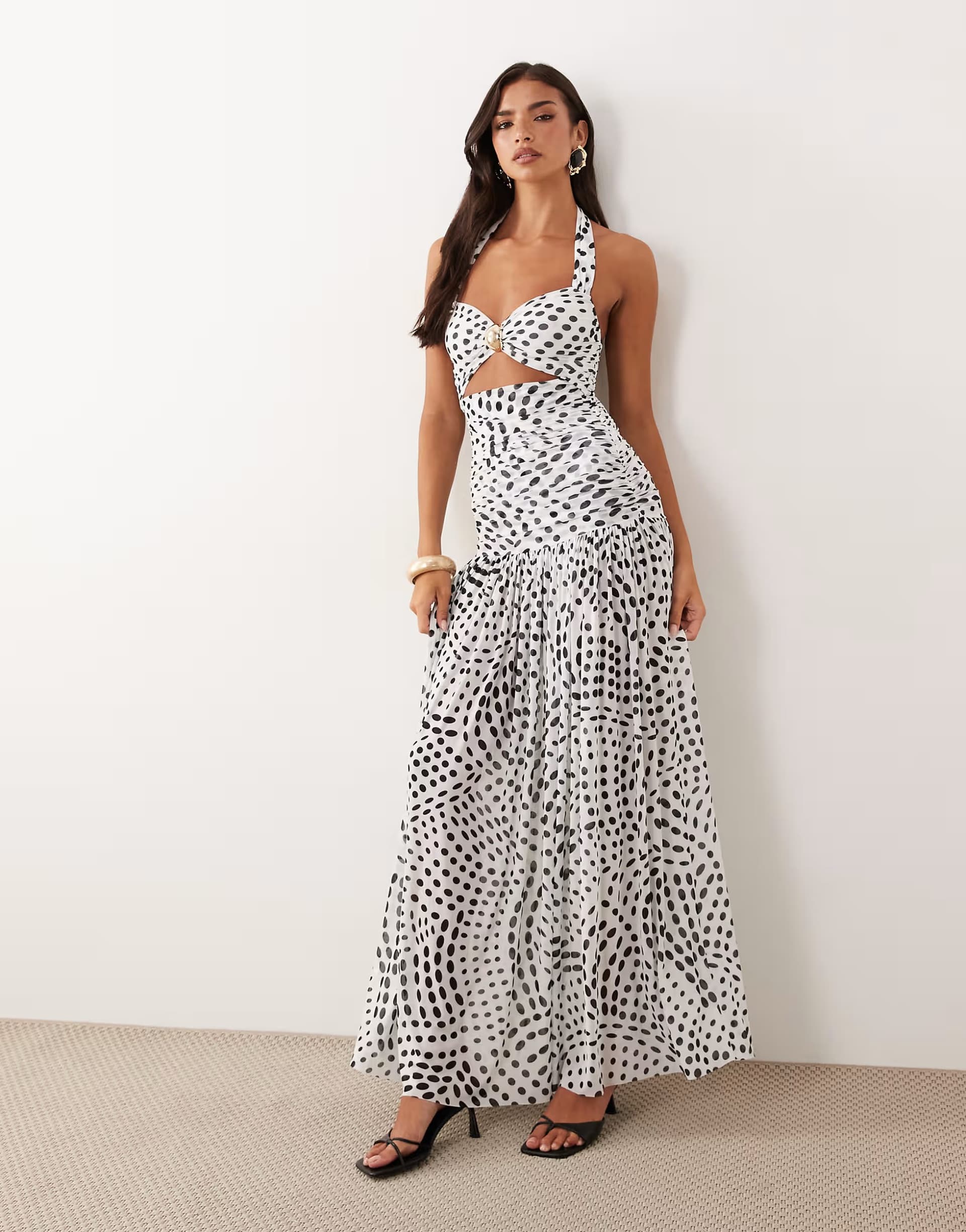 ASOS AFRM Blane halter neck hardware detail cut out maxi dress in white polka dot