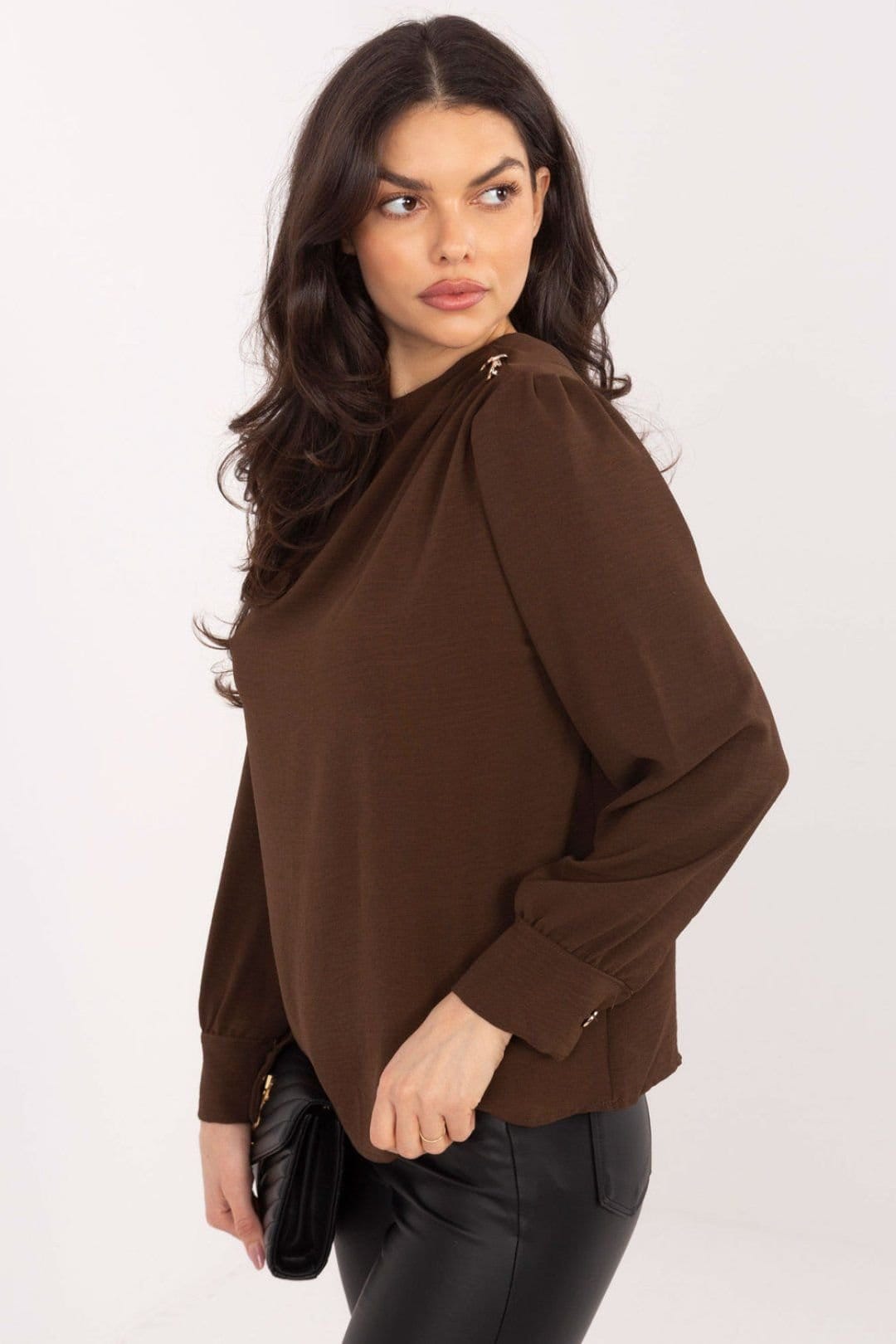 Love Lace Love Lace Women's Elegant Round Neck Blouse with Puff Sleeves in Brown - 1