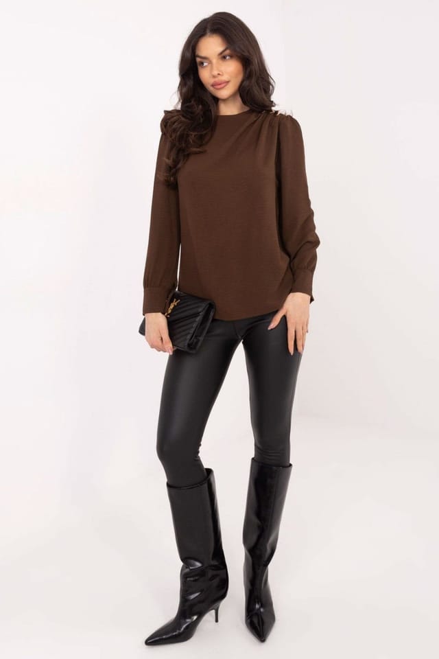 Love Lace Love Lace Women's Elegant Round Neck Blouse with Puff Sleeves in Brown - 2