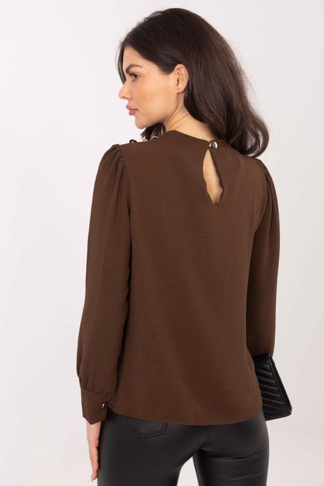Love Lace Love Lace Women's Elegant Round Neck Blouse with Puff Sleeves in Brown - 3