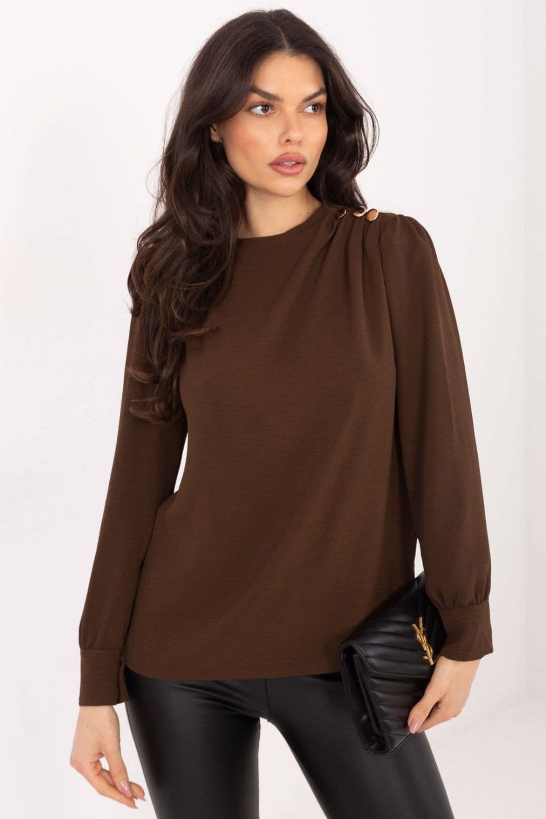 Love Lace Love Lace Women's Elegant Round Neck Blouse with Puff Sleeves in Brown - 4
