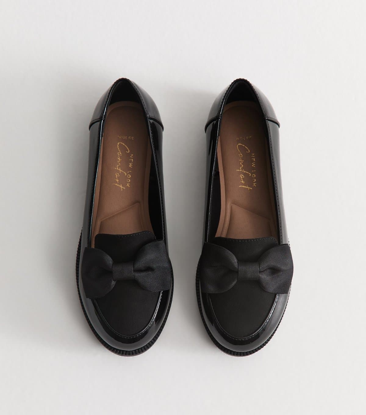New Look Women's Wide Fit Black Faux Patent Leather Bow Loafers Vegan New Look