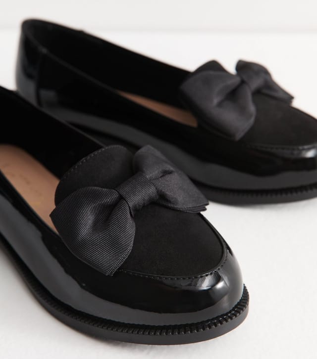 New Look Women's Wide Fit Black Faux Patent Leather Bow Loafers Vegan New Look - 3