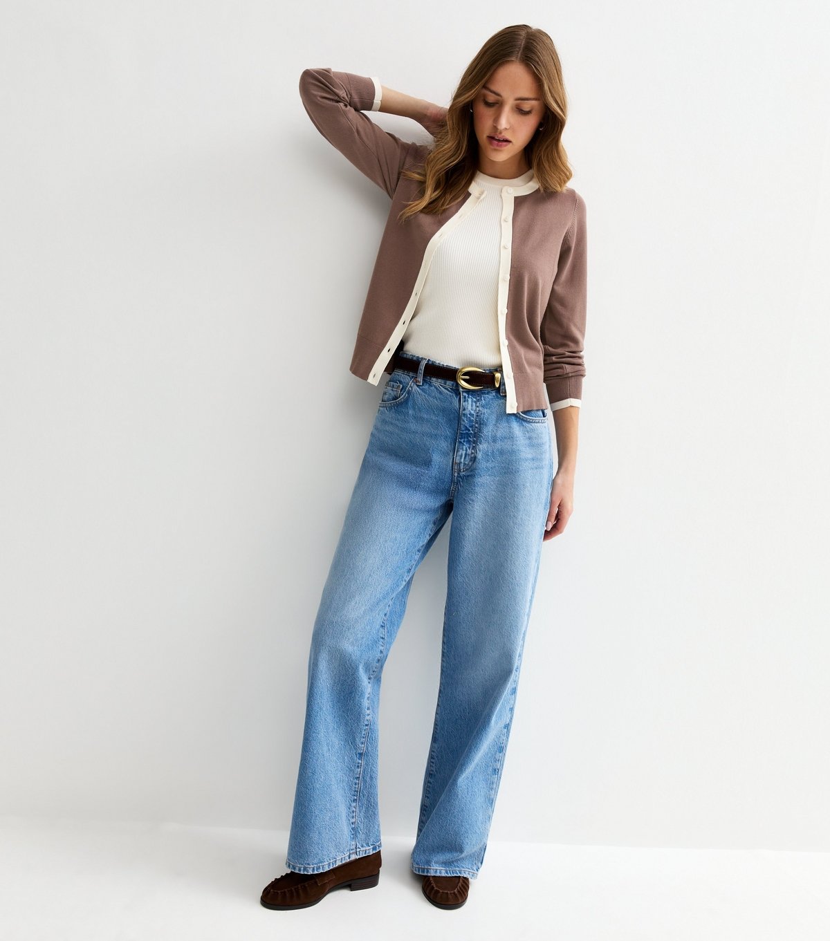 New Look Women's Dark Mink Trimmed Crew Neck Knit Cardigan New Look - 3